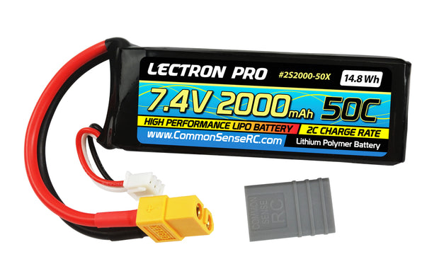 Lectron Pro 7.4V 2000mAh 50C Lipo Battery with XT60 Connector + CSRC adapter for XT60 batteries to popular RC vehicles