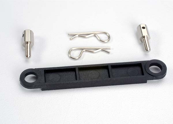 Battery hold-down plate (grey)/ metal posts (2)/body clips (2)