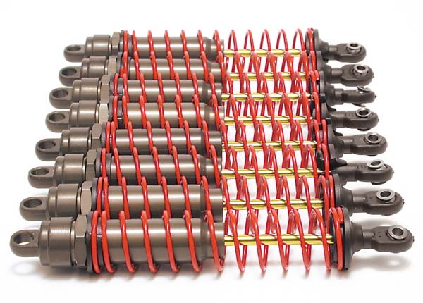 Big Bore shocks (xx-long) (hard-anodized & PTFE-coated T6 aluminum) (assembled) w/ red springs, TiN shafts (8 pack)